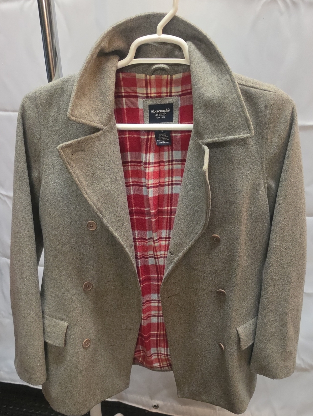 Abercrombie & Fitch Gray Wool Double-Breasted Peacoat with Red Plaid Lining